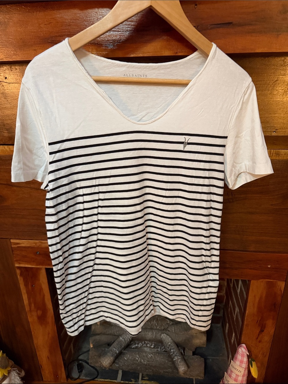 All Saints White Tee with Black Stripes V-Neck, Size Medium